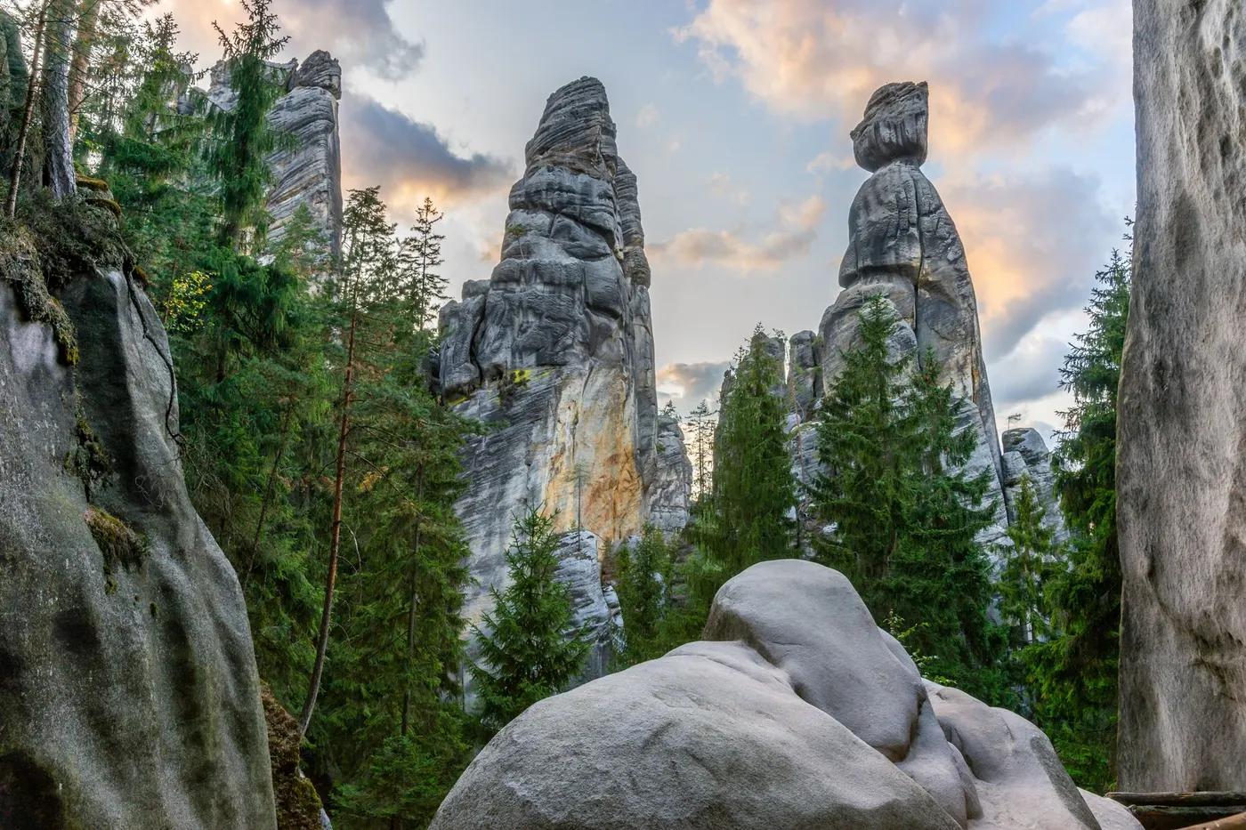 Stunning rock formations near sunset in Adrspach-Teplice Rocks, Czech Republic.