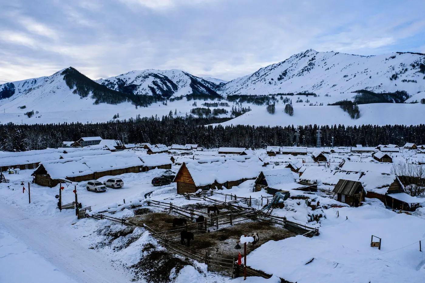 Serene snowy village nestled in Altay Mountains, capturing winter's beauty and rustic architecture.