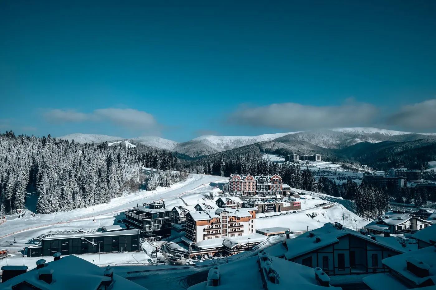 Aerial view of a snow-covered winter resort in Ukraine's Carpathian mountains.