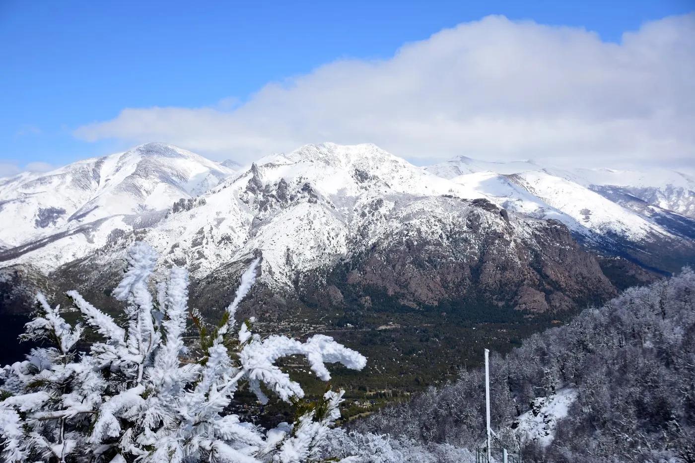 Breathtaking winter landscape of snow-covered peaks in San Carlos de Bariloche.