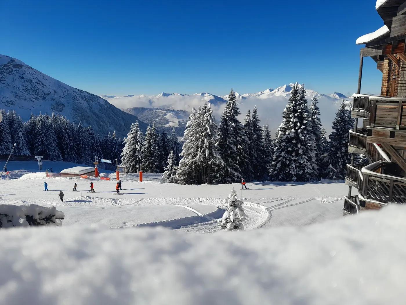 A picturesque ski resort in winter with snow-covered trees and mountains, perfect for skiing and adventure.