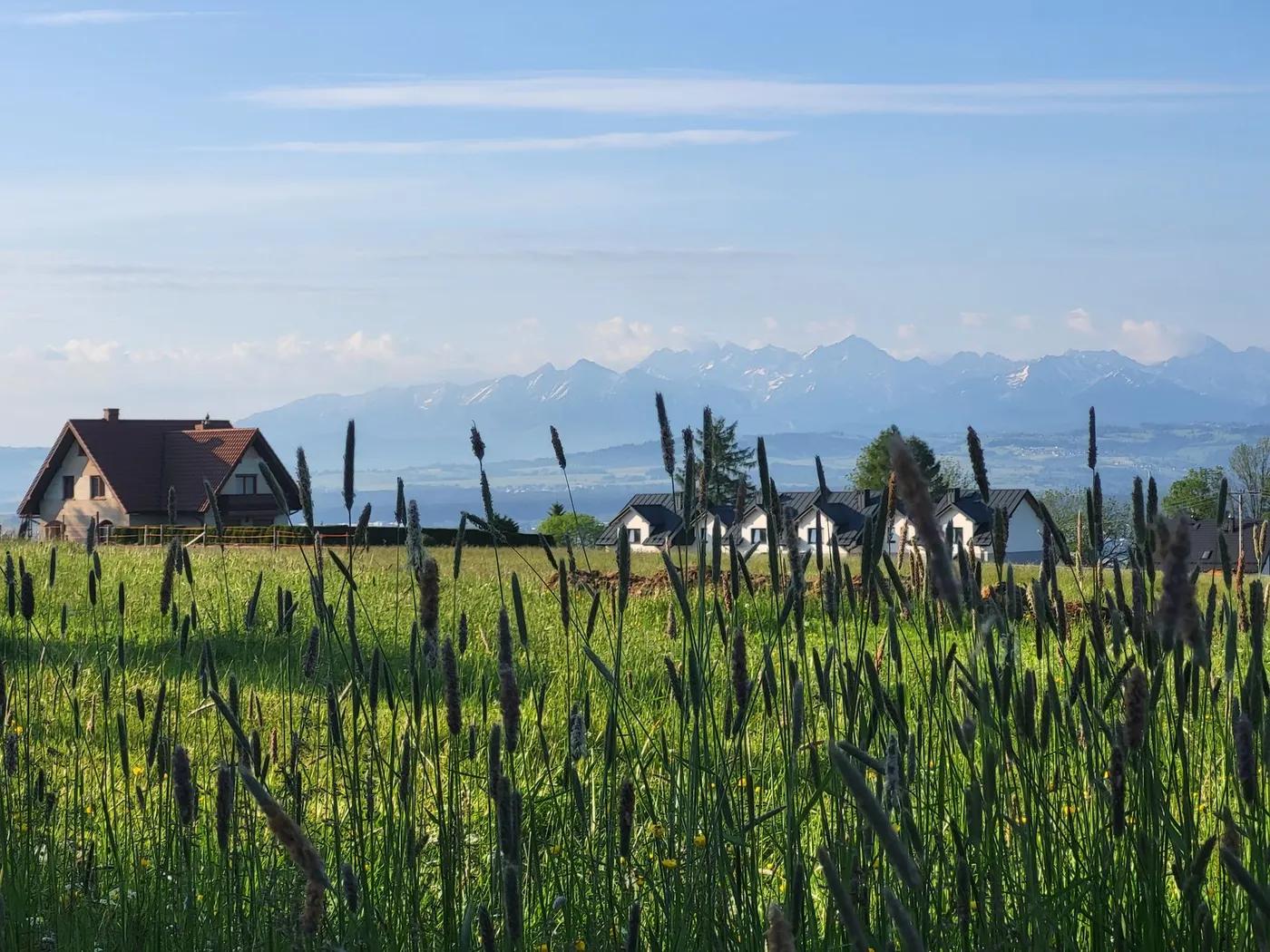 Picturesque view of village houses amidst fields and mountains in Poland.