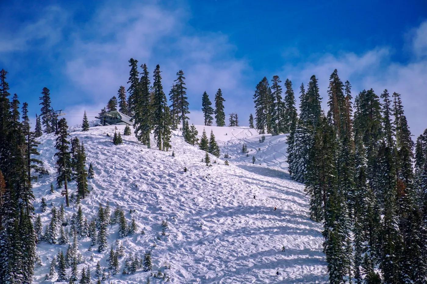 Majestic snow-covered ski slope surrounded by forested mountains in the United States.