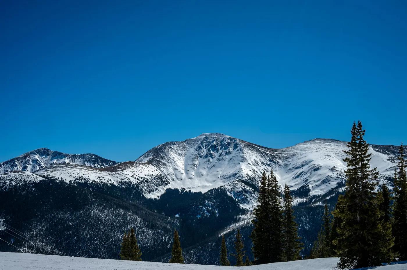 Scenic view of snow-covered mountains and pine trees under clear blue sky, perfect for winter landscapes.