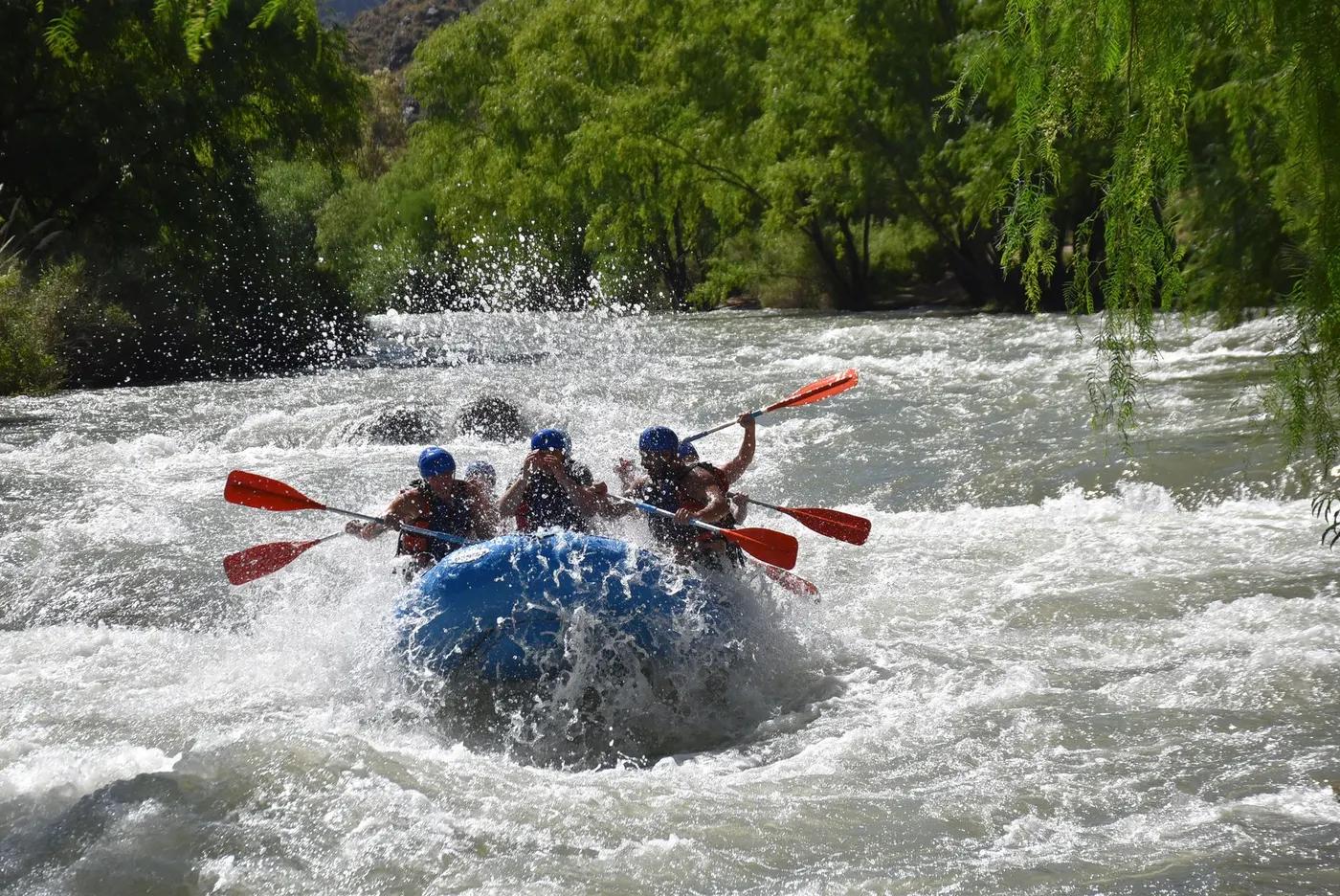 A thrilling whitewater rafting experience with a group navigating through the rapids in a lush forest setting.