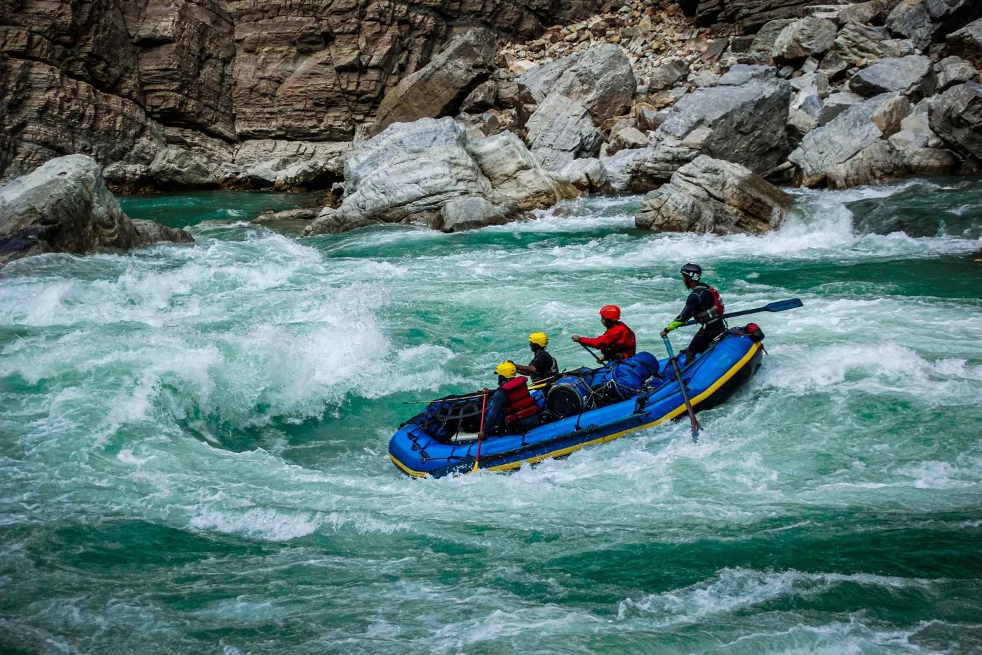 Thrilling adventure rafting through the vibrant rapids of a Nepalese river.